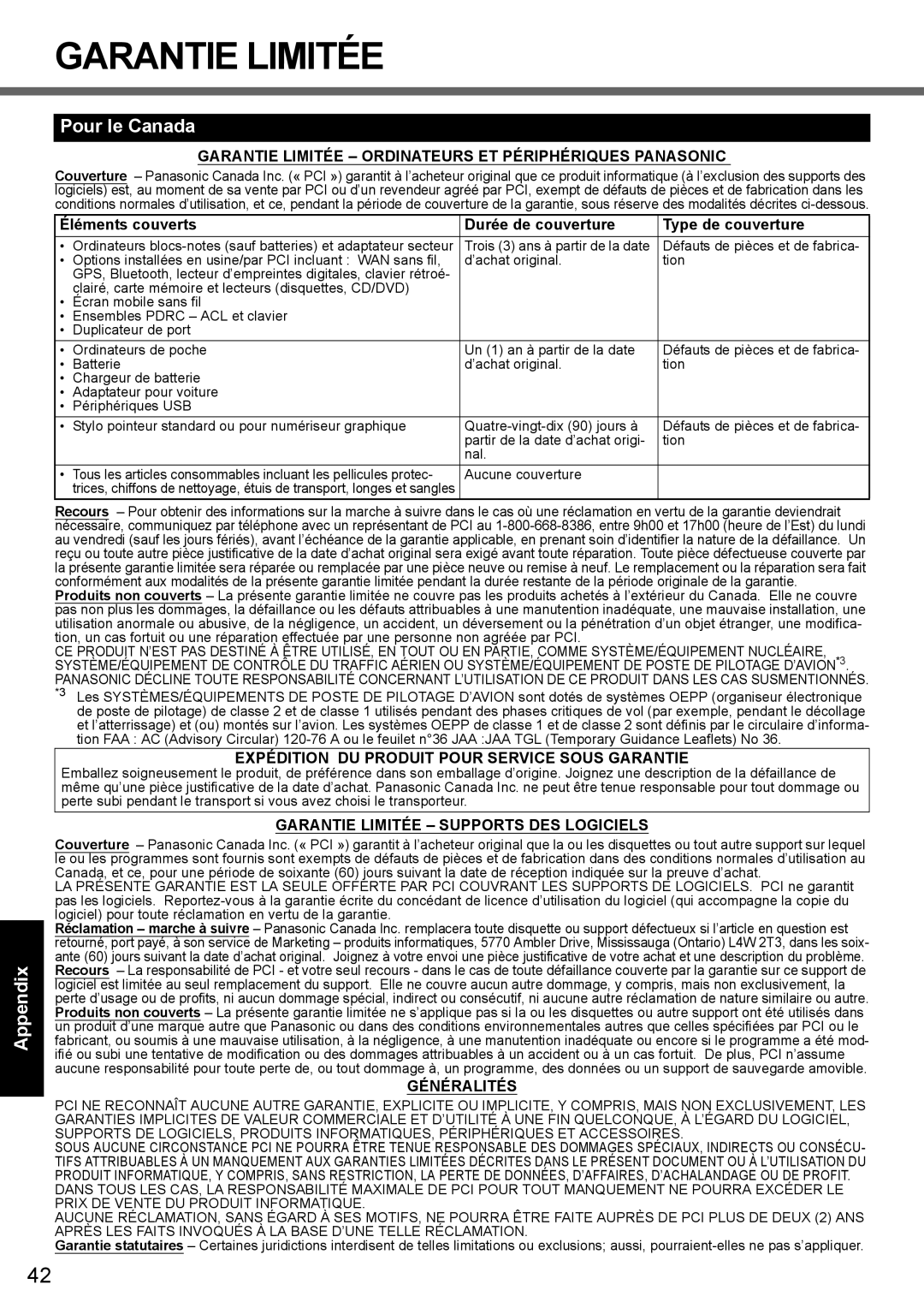 Panasonic CF-Y7 series Garantie Limitée Ordinateurs ET Périphériques Panasonic, Garantie Limitée Supports DES Logiciels 