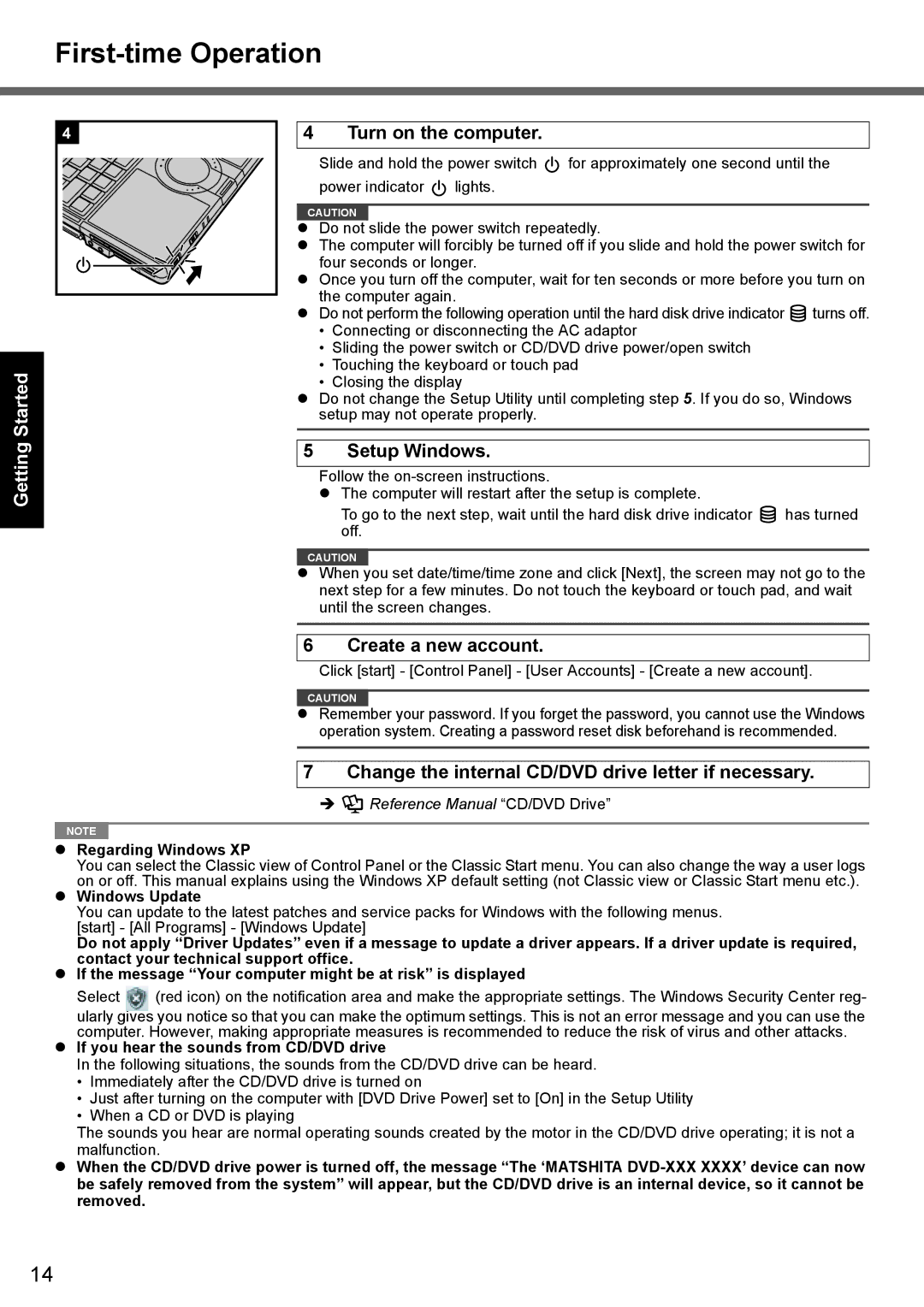 Panasonic CF-Y7 manual First-time Operation, Turn on the computer, Setup Windows, Create a new account 