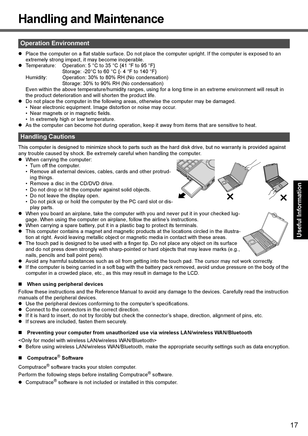 Panasonic CF-Y7 manual Handling and Maintenance, Operation Environment, Handling Cautions, When using peripheral devices 