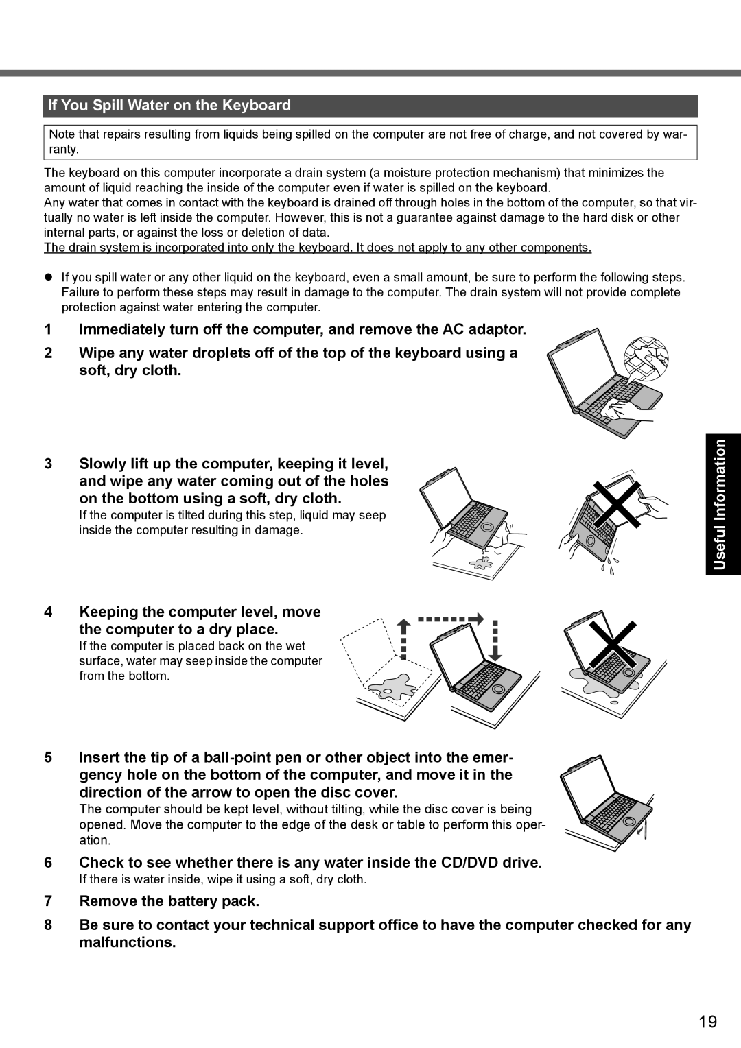 Panasonic CF-Y7 manual If You Spill Water on the Keyboard, Troubleshooting 