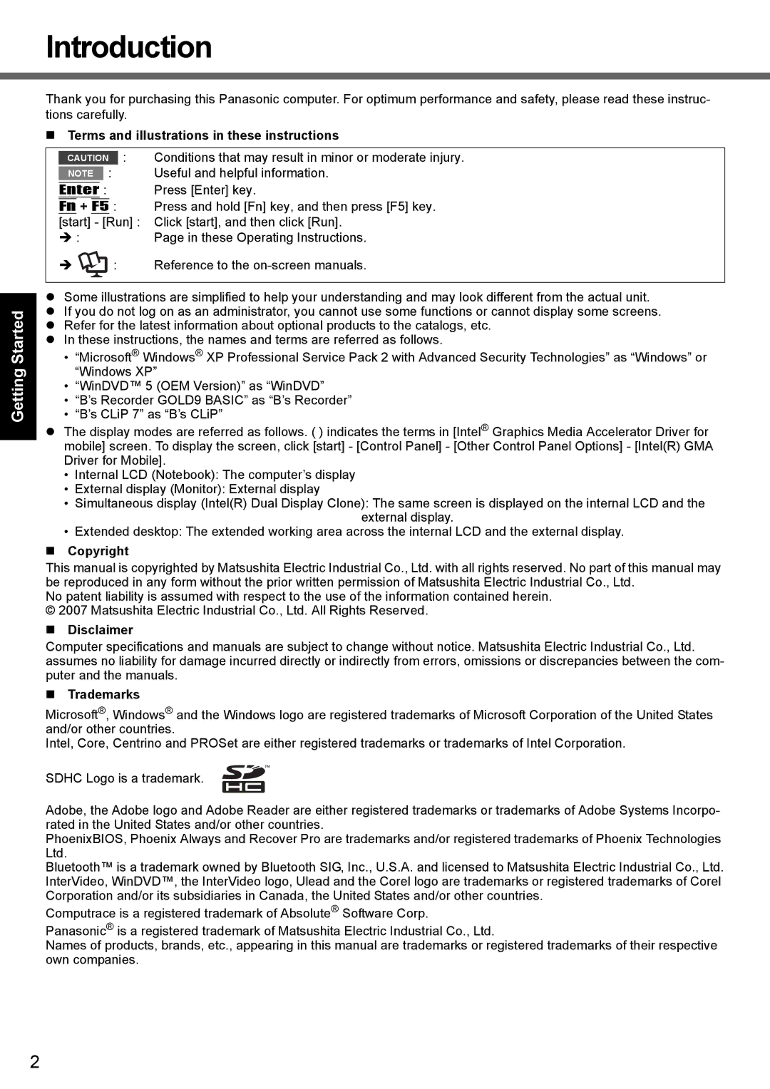 Panasonic CF-Y7 Introduction, Appendix Troubleshooting Useful Information Getting Started, Copyright Disclaimer Trademarks 