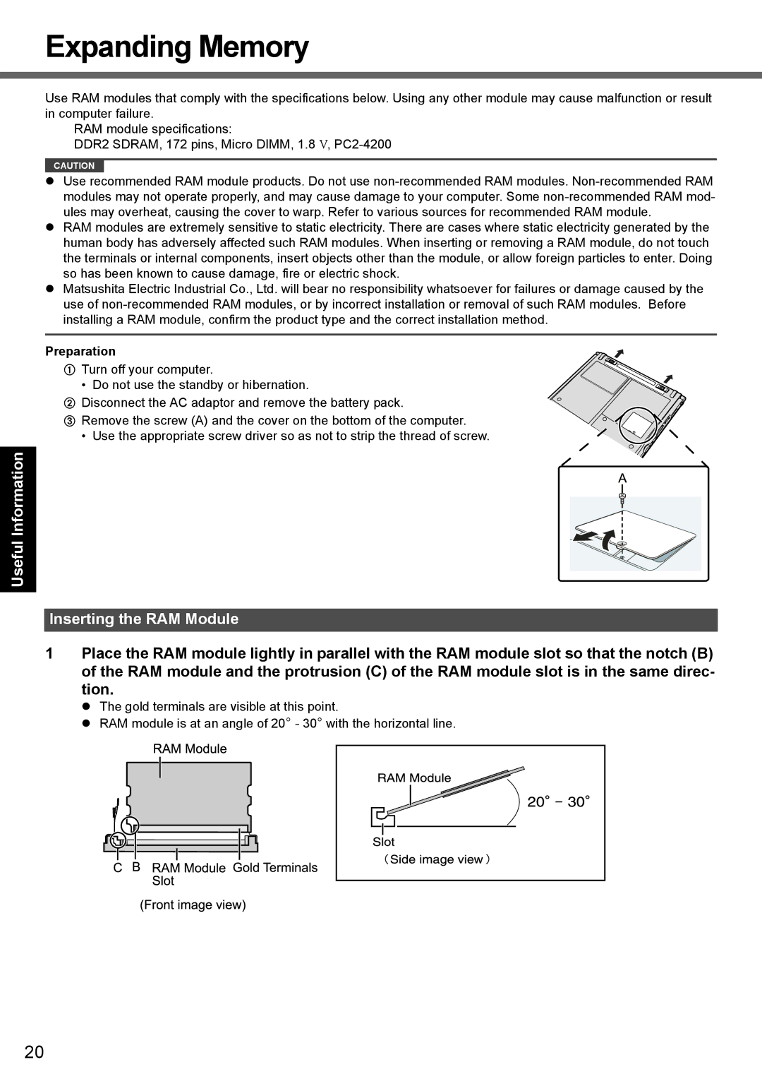 Panasonic CF-Y7 manual Expanding Memory, Appendix Troubleshooting Inserting the RAM Module 