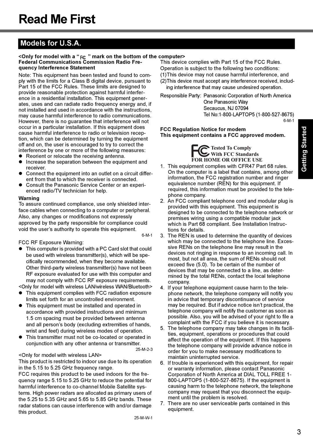 Panasonic CF-Y7 Read Me First, Models for U.S.A, Getting Started, Only for model with a mark on the bottom of the computer 