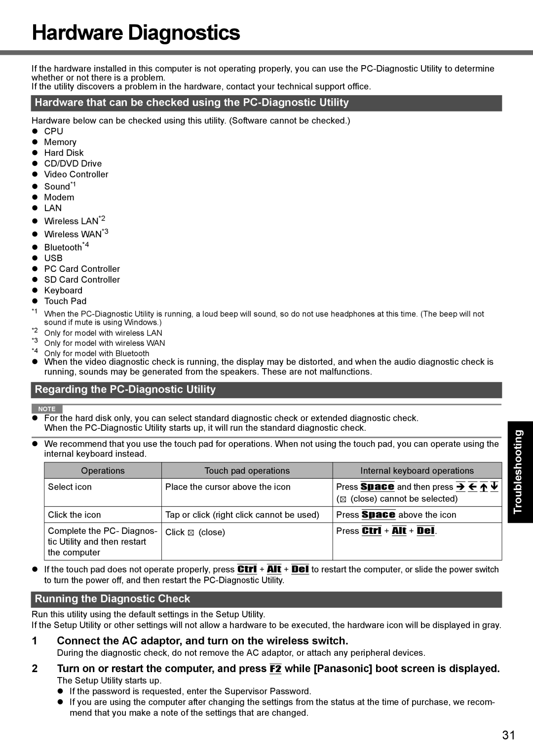 Panasonic CF-Y7 manual Hardware Diagnostics, Regarding the PC-Diagnostic Utility, Running the Diagnostic Check 