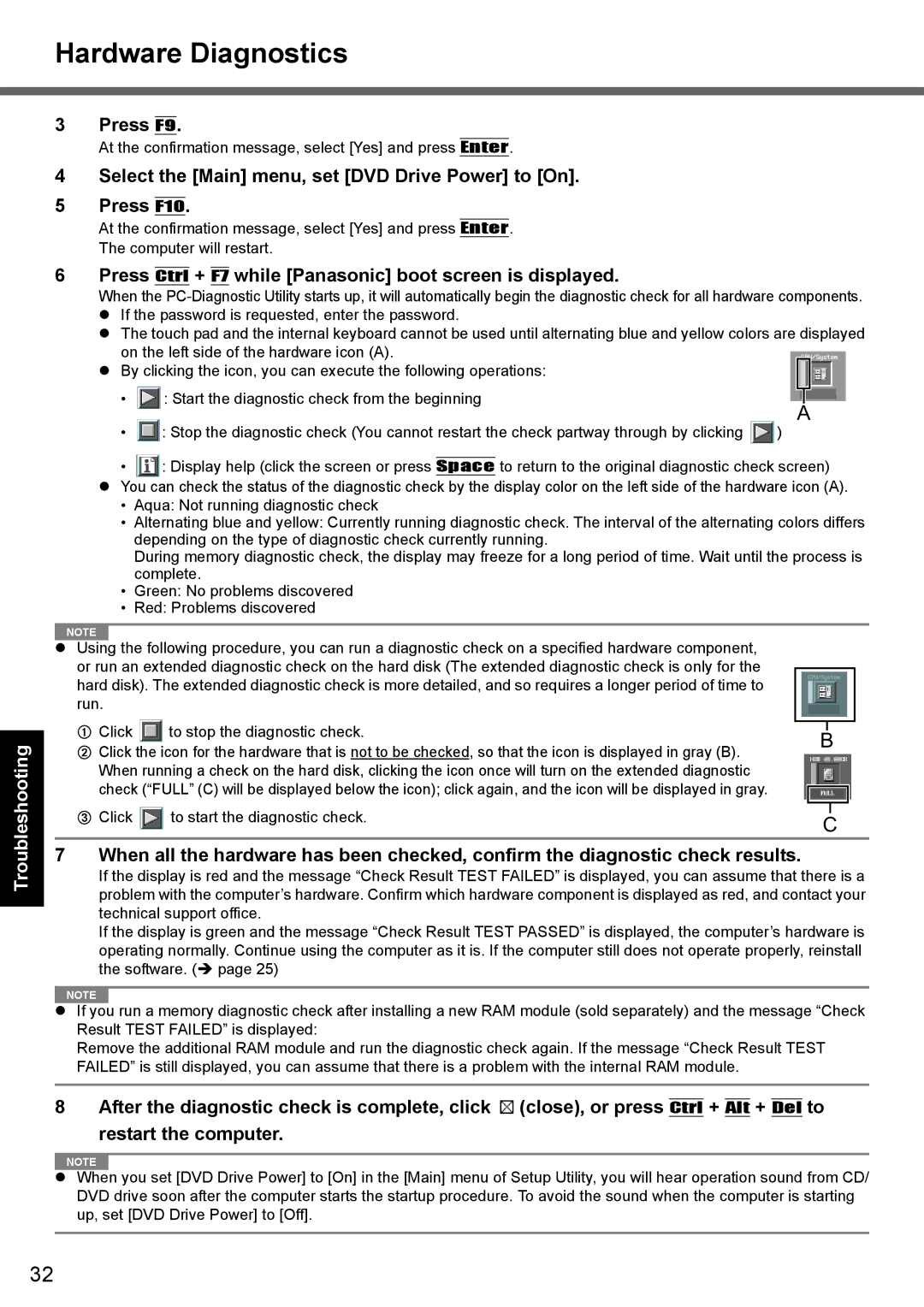 Panasonic CF-Y7 manual Hardware Diagnostics, Select the Main menu, set DVD Drive Power to On Press F10 