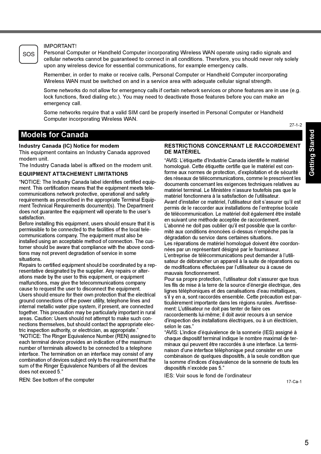 Panasonic CF-Y7 manual Models for Canada, Started, Appendix Troubleshooting Useful Information Getting 