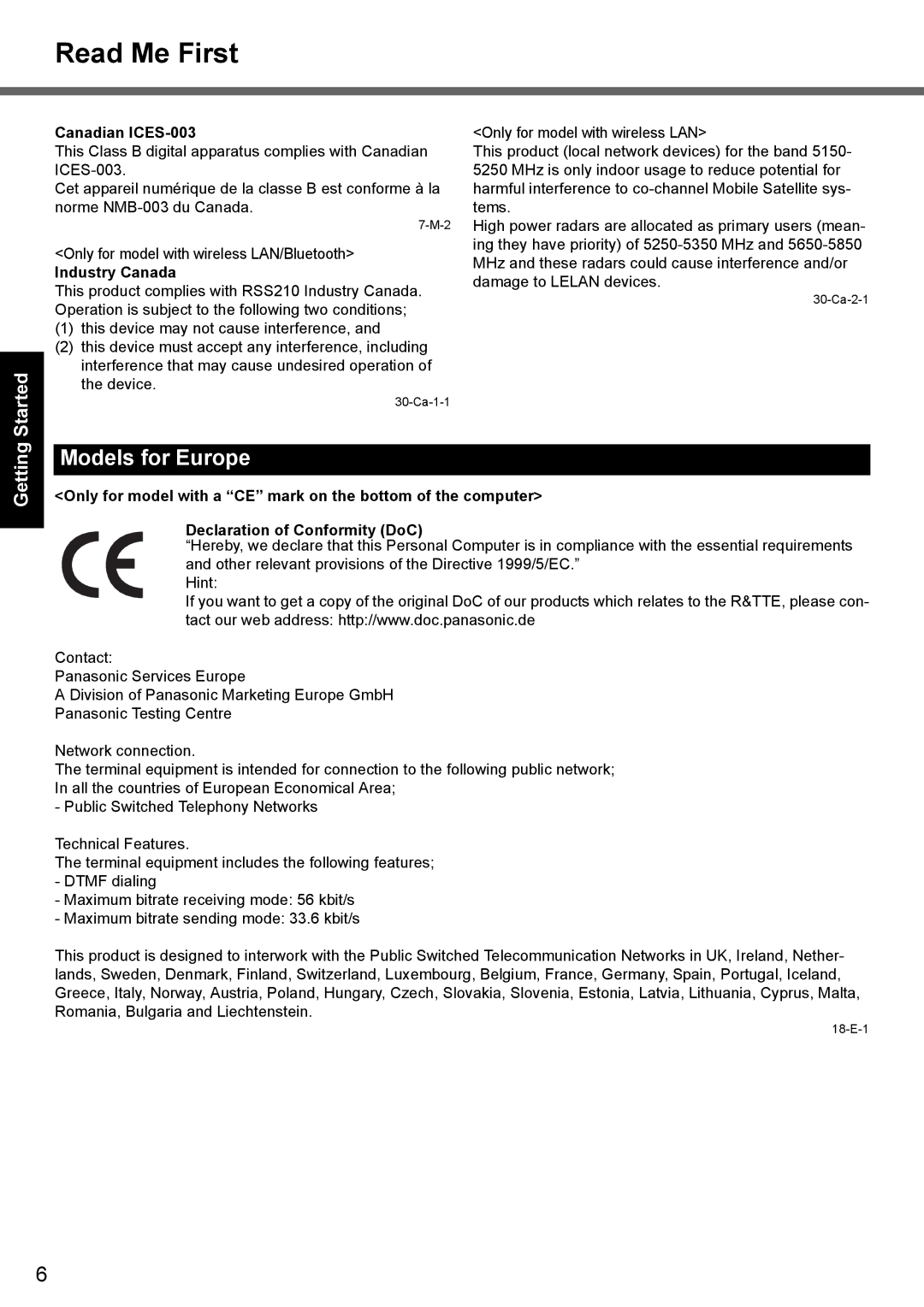 Panasonic CF-Y7 manual Models for Europe, Canadian ICES-003, Industry Canada 