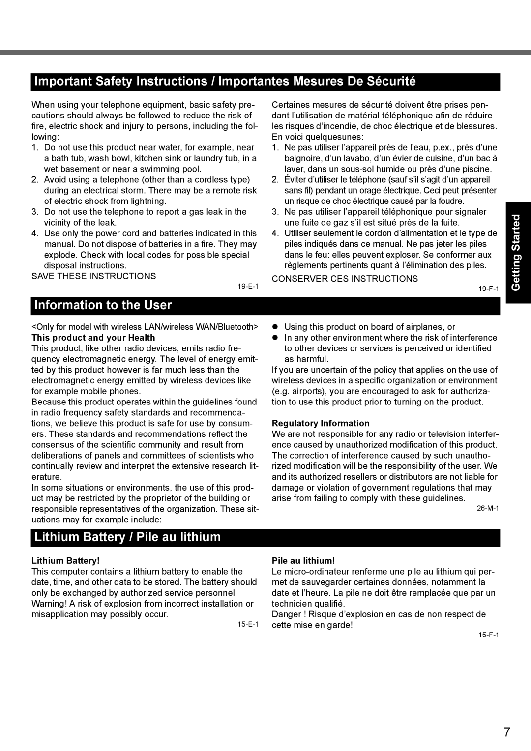 Panasonic CF-Y7 manual Information to the User, Lithium Battery / Pile au lithium, Troubleshooting Useful Information 