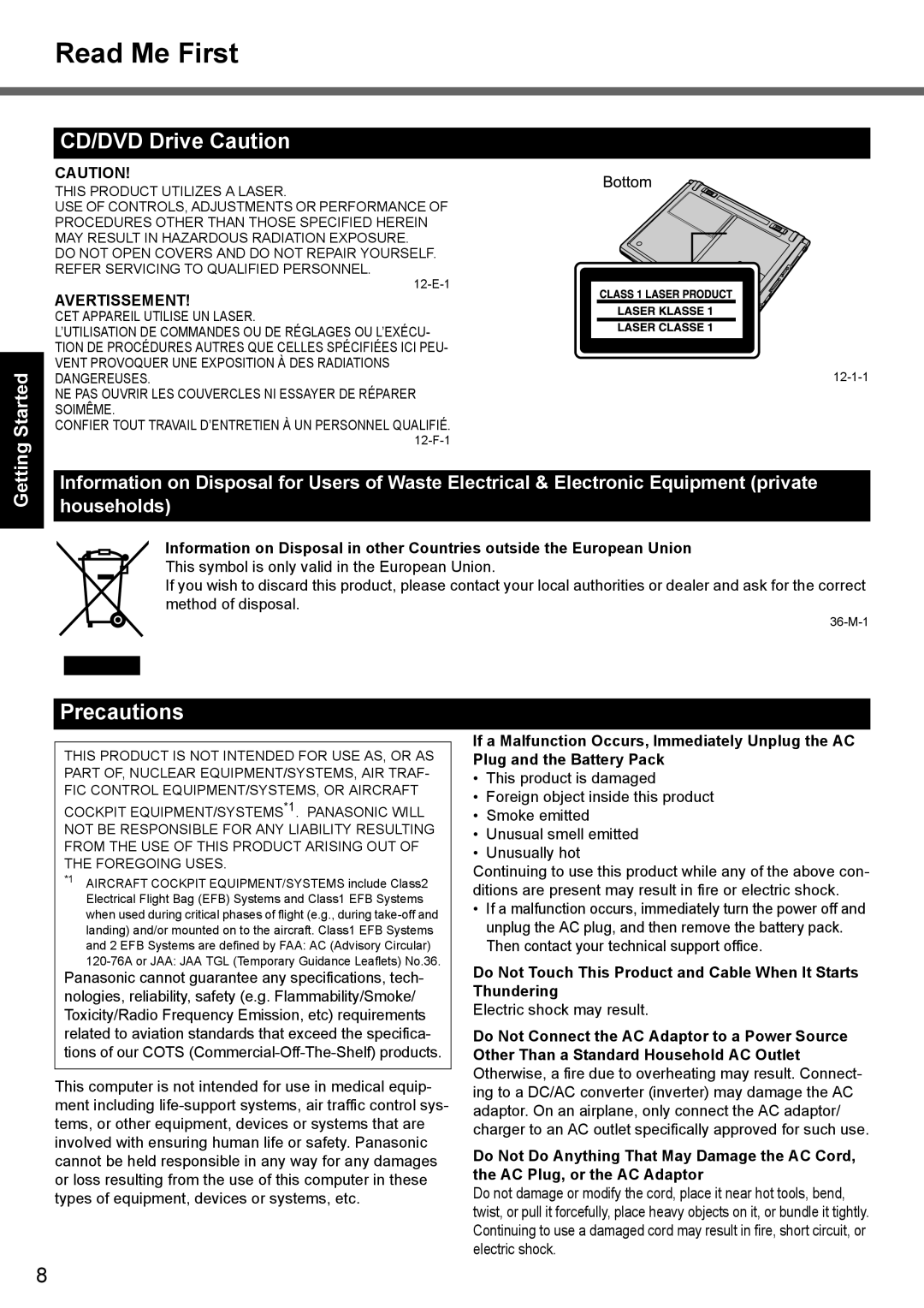 Panasonic CF-Y7 manual CD/DVD Drive Caution, Precautions, Useful Information Getting Started, Appendix Troubleshooting 