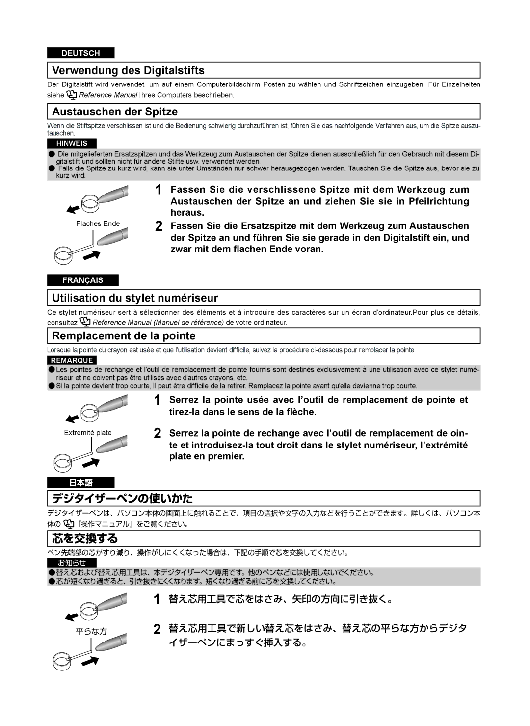 Panasonic CFVNP011U, CF-VNP011AU Verwendung des Digitalstifts, Austauschen der Spitze, Utilisation du stylet numériseur 