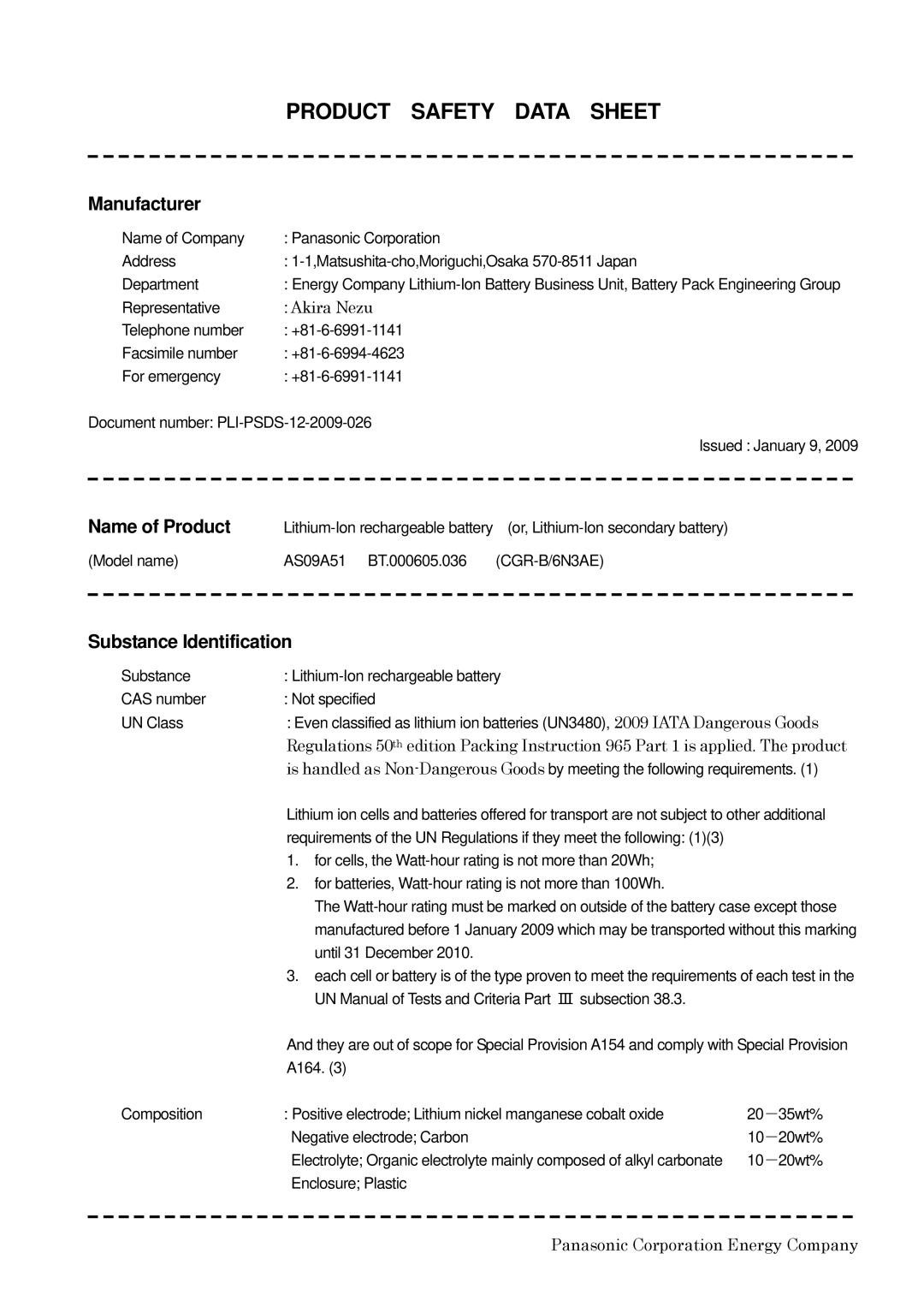 Panasonic AS09A51, CGR-B6N3AE, BT.000605.036 manual Manufacturer, Name of Product, Substance Identification 