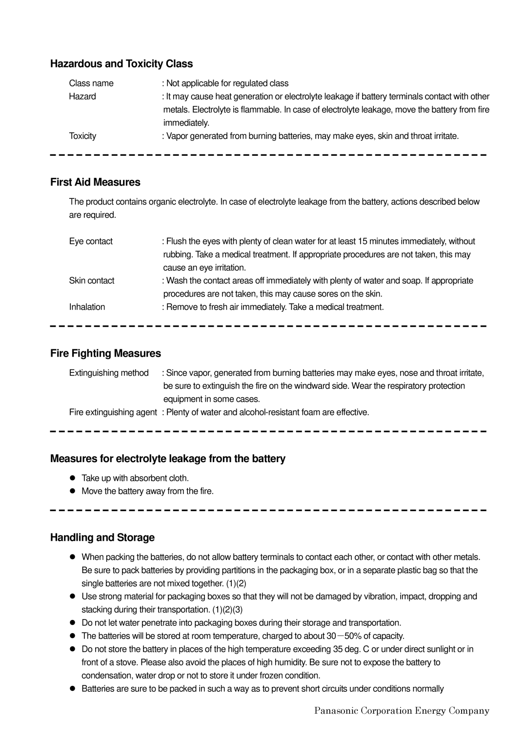 Panasonic BT.000605.036 Hazardous and Toxicity Class, First Aid Measures, Fire Fighting Measures, Handling and Storage 