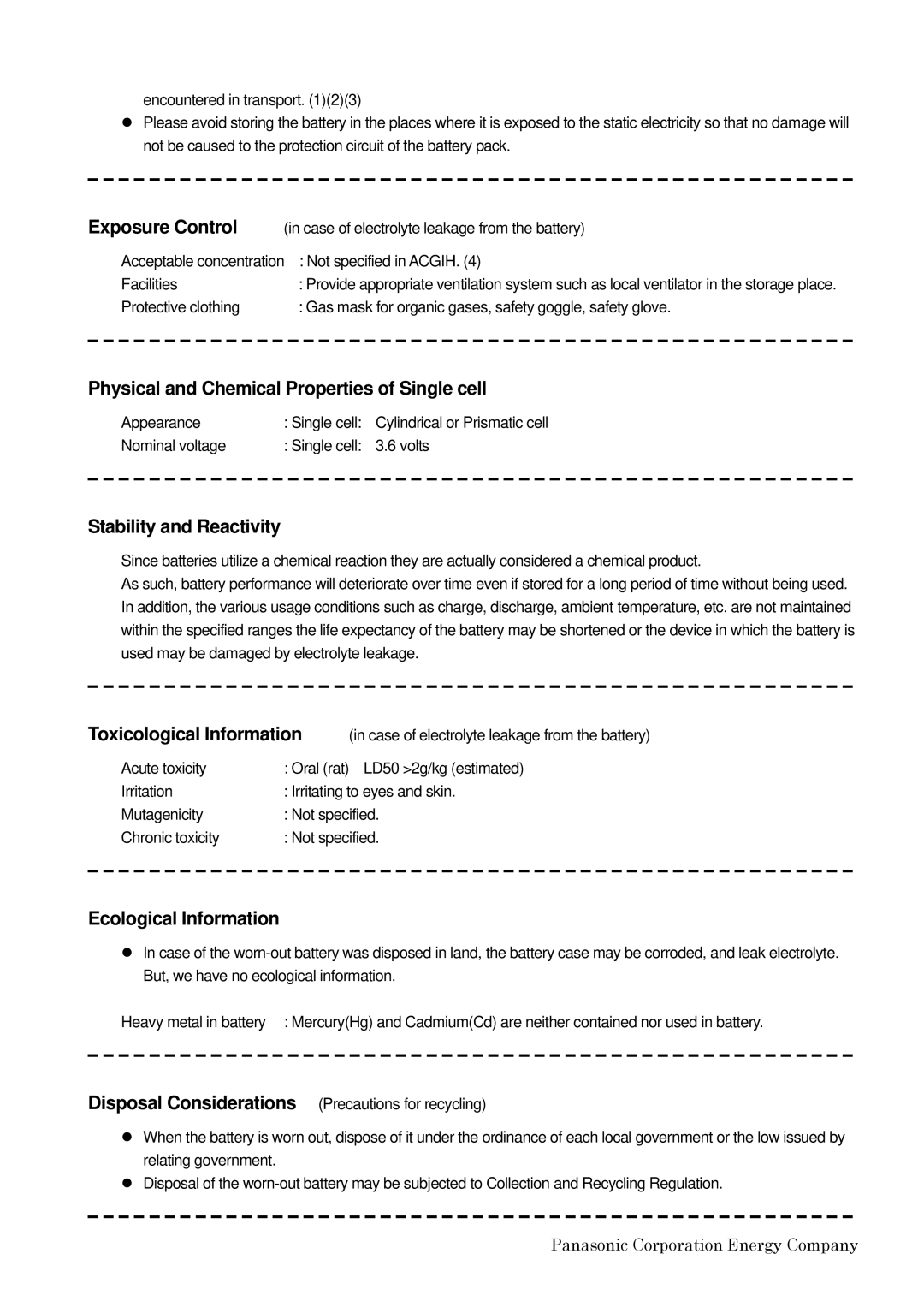 Panasonic CGR-B6N3AE, AS09A51 Exposure Control, Physical and Chemical Properties of Single cell, Stability and Reactivity 