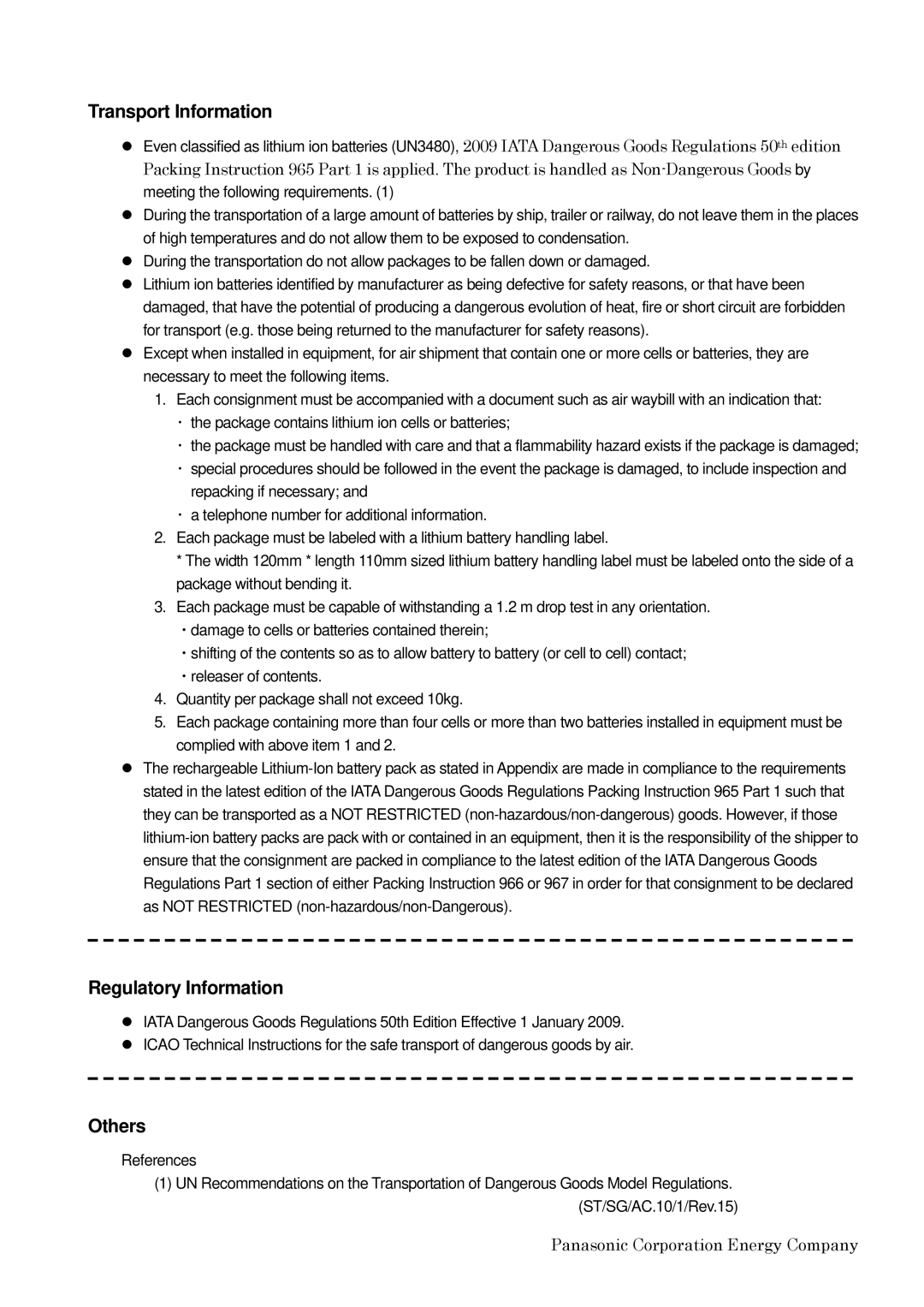 Panasonic AS09A51, CGR-B6N3AE, BT.000605.036 manual Transport Information, Regulatory Information, Others, References 