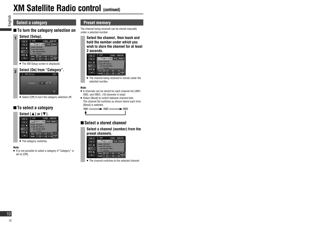 Panasonic CN-NVD905U operating instructions Select a category,  The XM Setup screen is displayed 