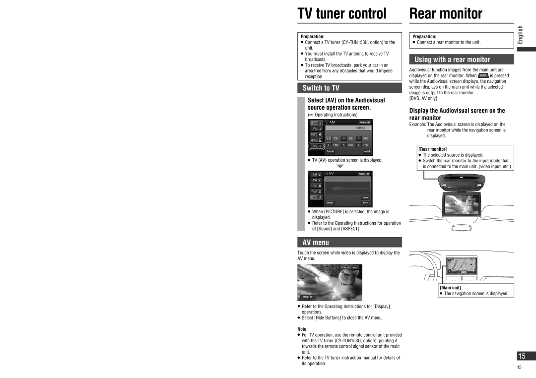 Panasonic CN-NVD905U operating instructions Rear monitor, Switch to TV, AV menu, Using with a rear monitor 