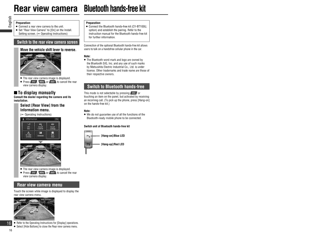 Panasonic CN-NVD905U operating instructions  To display manually, Rear view camera menu, Switch to Bluetooth hands-free 