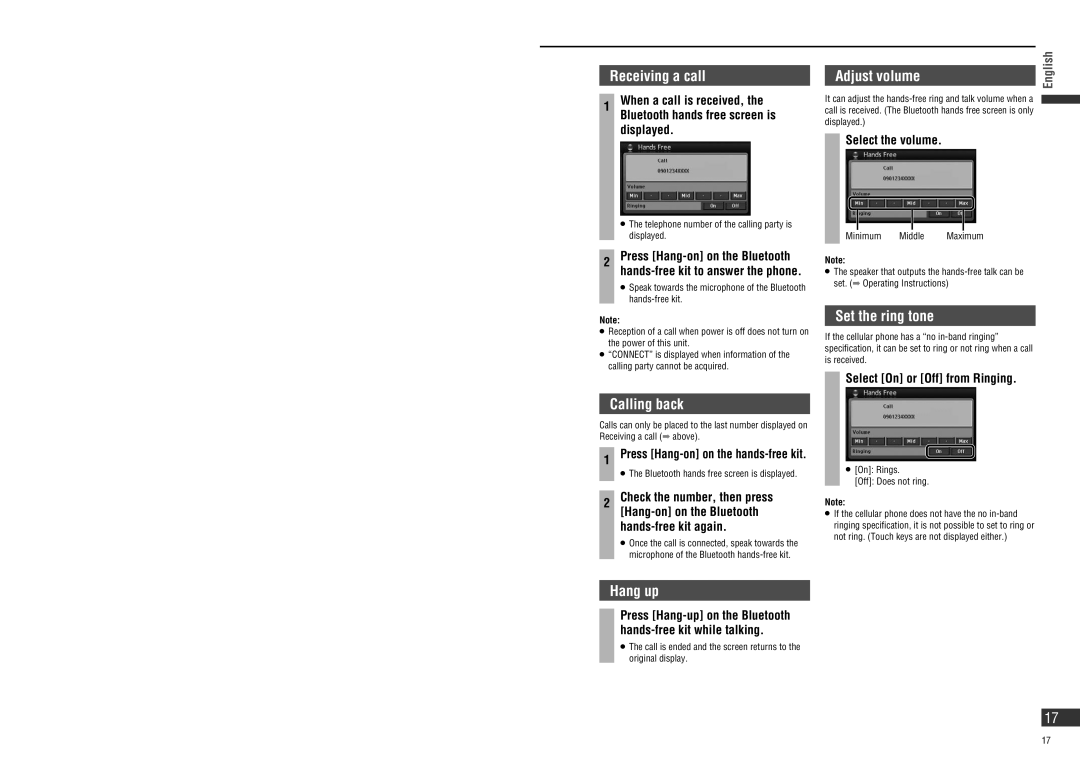 Panasonic CN-NVD905U operating instructions Receiving a call, Calling back, Hang up, Adjust volume, Set the ring tone 