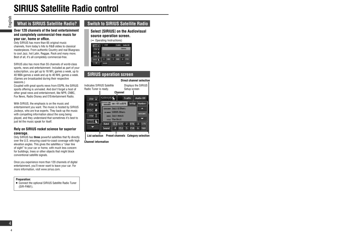 Panasonic CN-NVD905U Sirius Satellite Radio control, Switch to Sirius Satellite Radio, Sirius operation screen 