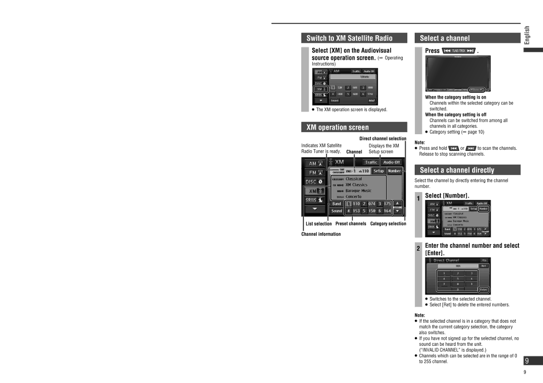 Panasonic CN-NVD905U Switch to XM Satellite Radio, XM operation screen, Displays the XM, Channel Setup screen 