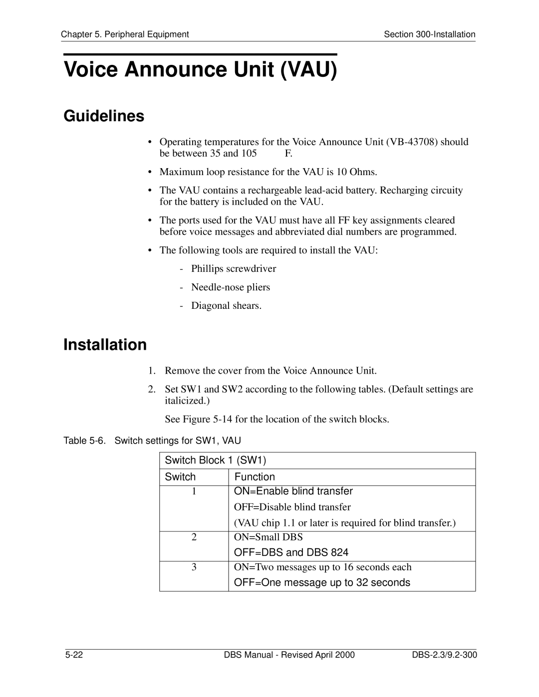 Panasonic CPC-EX manual Voice Announce Unit VAU, OFF=DBS and DBS, OFF=One message up to 32 seconds 