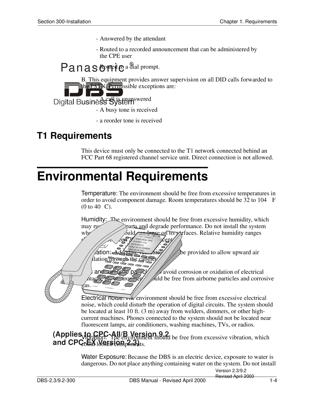 Panasonic CPC-EX manual Environmental Requirements, T1 Requirements 