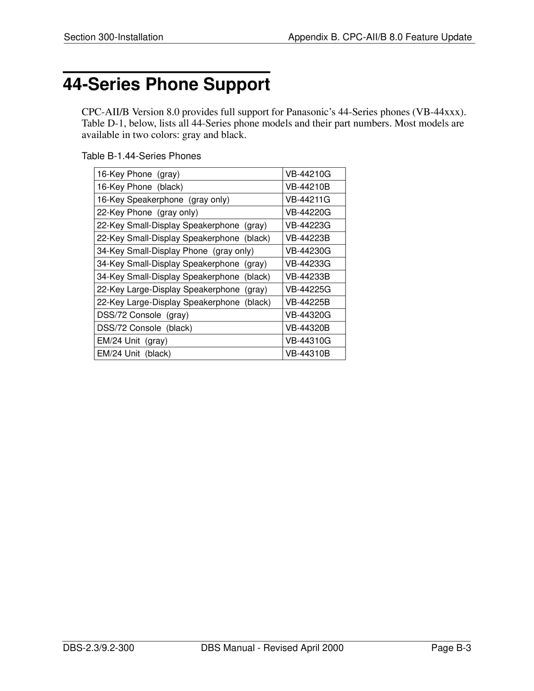 Panasonic CPC-EX manual Table B-1.44-Series Phones 