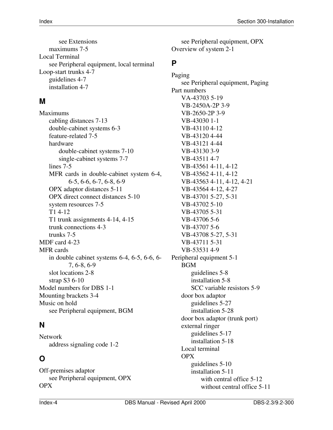 Panasonic CPC-EX manual Index-4 DBS Manual Revised April DBS-2.3/9.2-300 