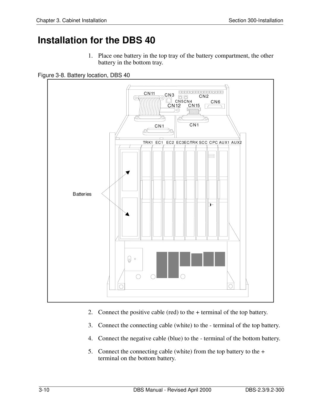 Panasonic CPC-EX manual Installation for the DBS, Battery location, DBS 