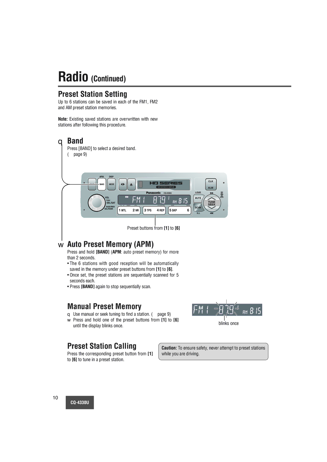 Panasonic CQ-4330U Radio Preset Station Setting, Auto Preset Memory APM, Manual Preset Memory, Preset Station Calling 