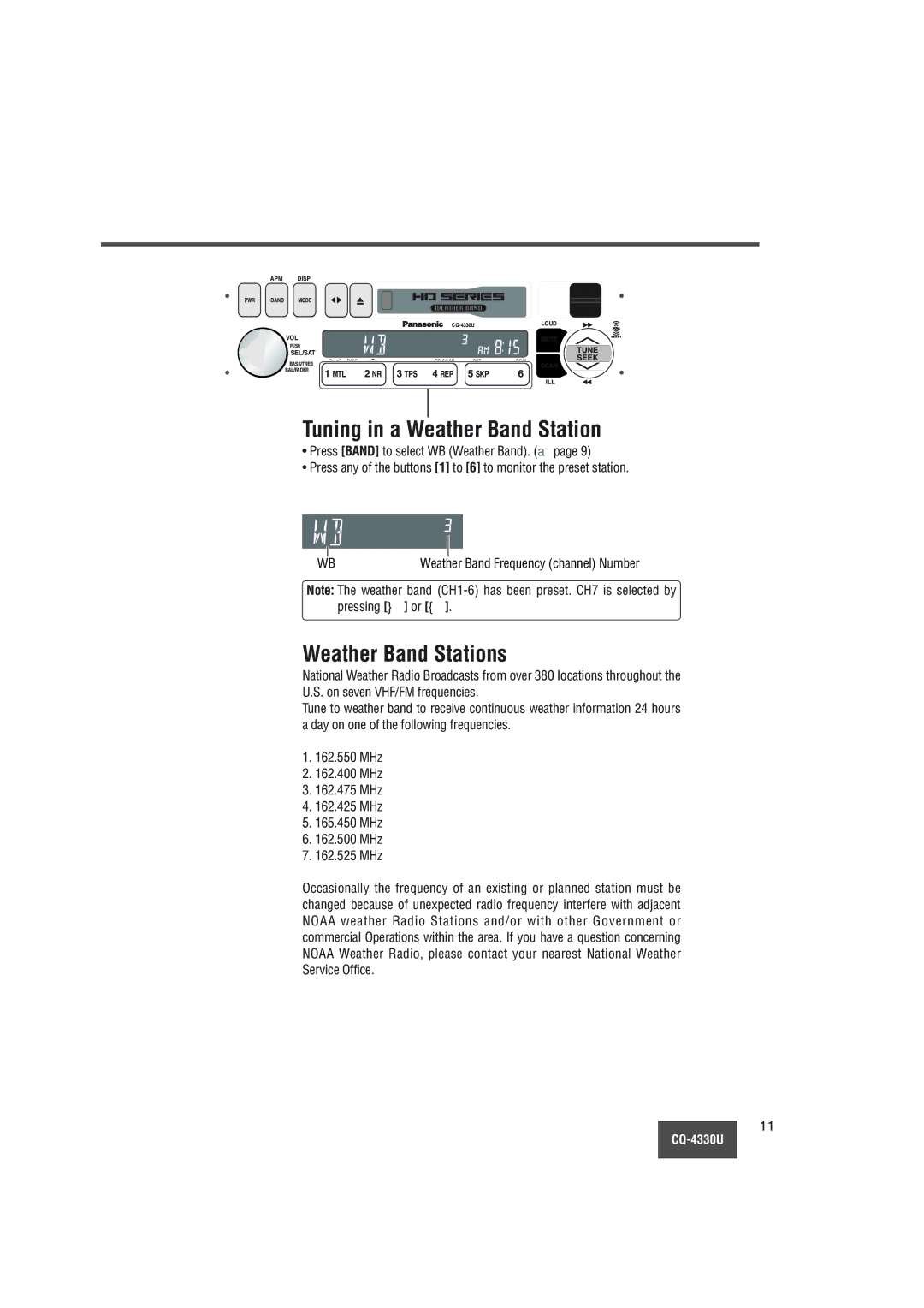 Panasonic CQ-4330U manual Tuning in a Weather Band Station, Weather Band Stations 