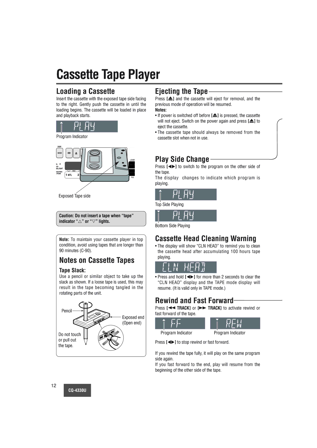 Panasonic CQ-4330U manual Cassette Tape Player 