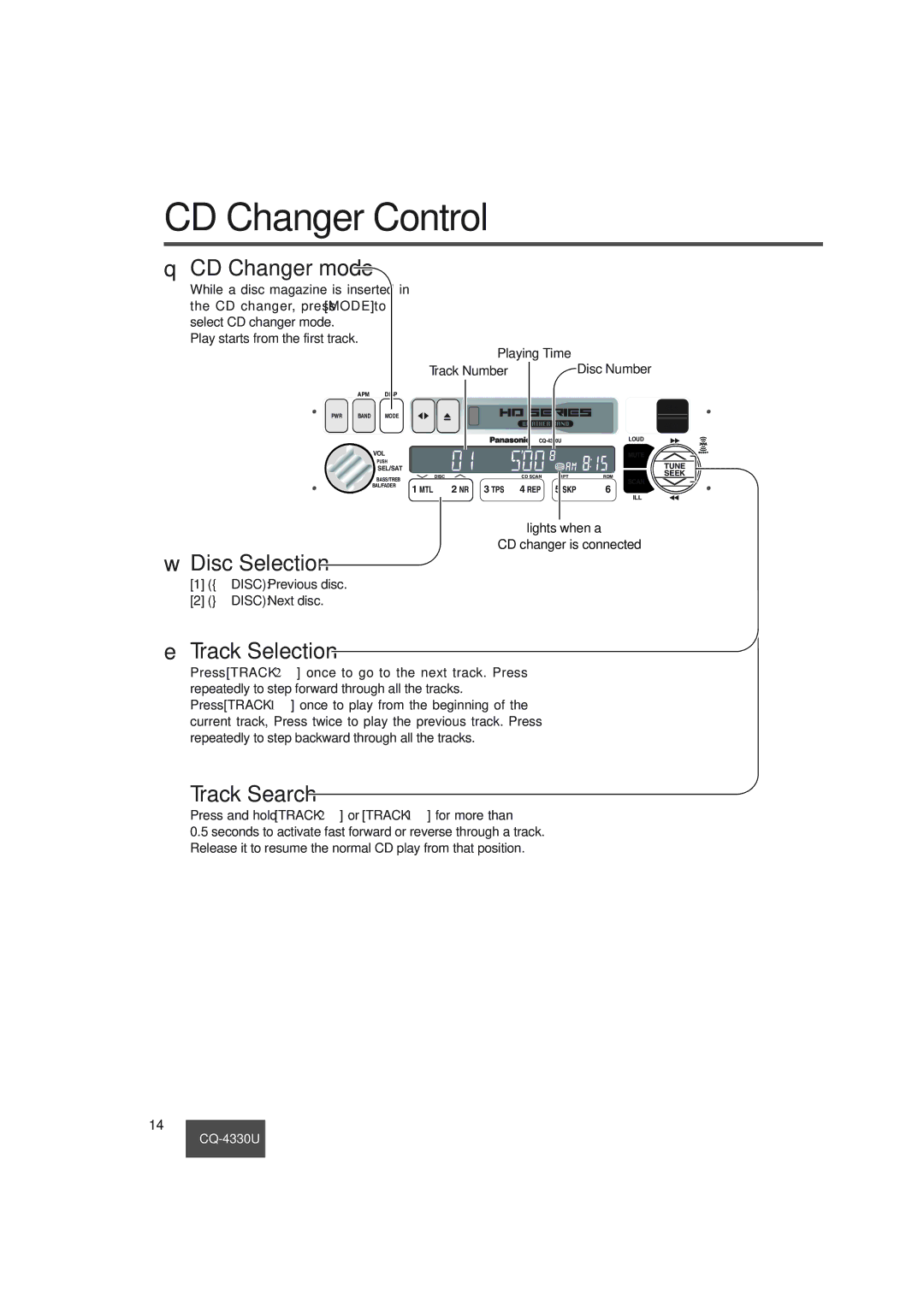 Panasonic CQ-4330U manual CD Changer Control, CD Changer mode, Disc Selection, Track Selection, Track Search 