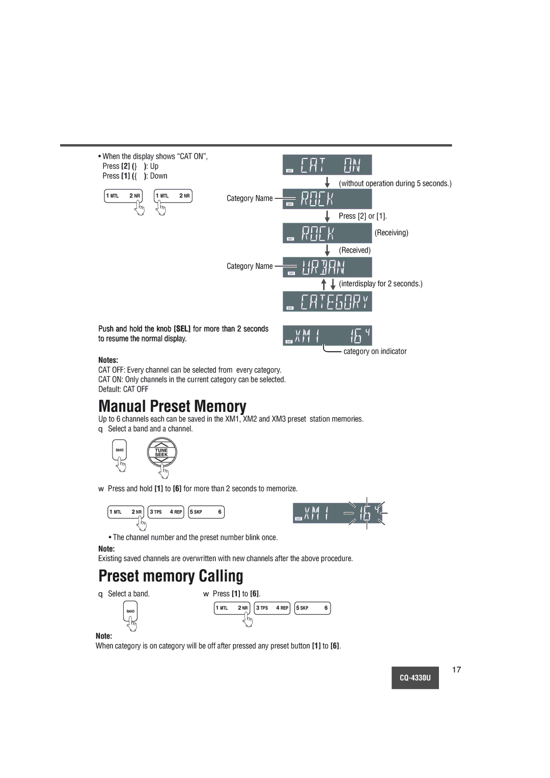 Panasonic CQ-4330U manual When the display shows CAT ON, Press 2 Up Press 1 Down, Select a band 