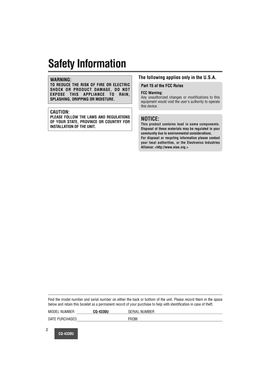 Panasonic CQ-4330U manual Safety Information, Following applies only in the U.S.A, FCC Warning 