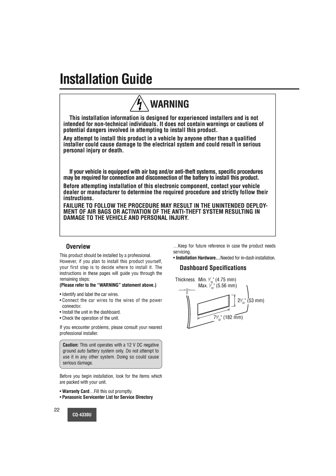 Panasonic CQ-4330U manual Installation Guide, Overview, Dashboard Specifications 