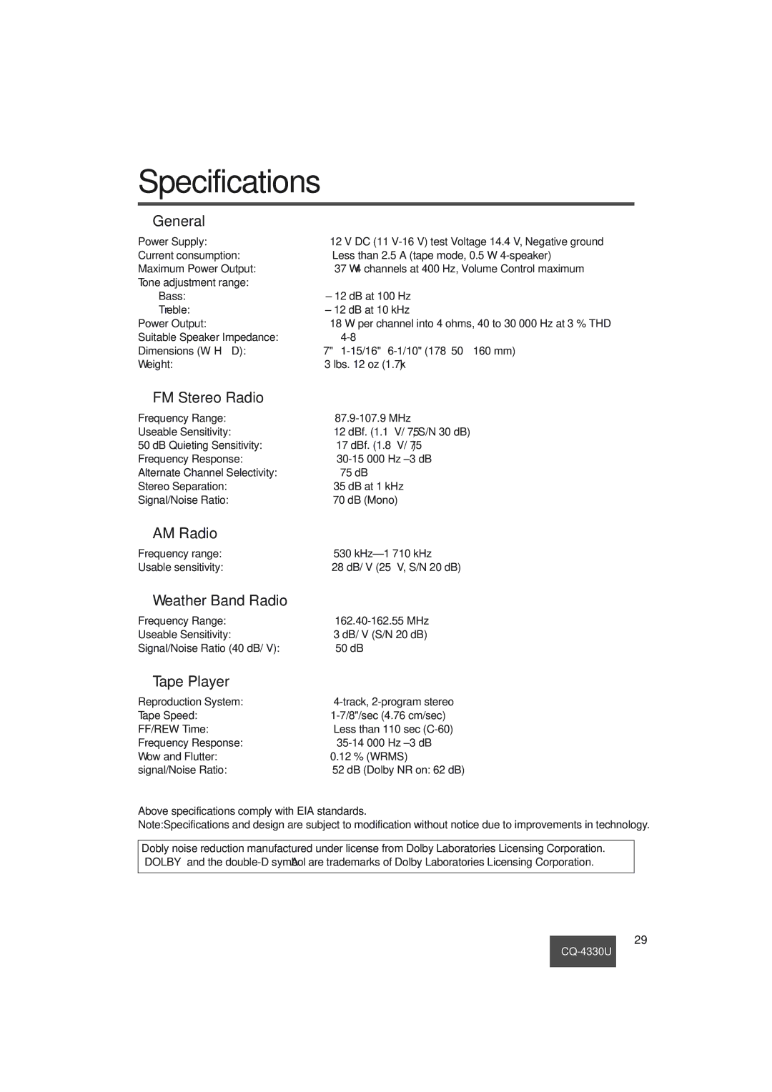 Panasonic CQ-4330U manual Specifications 