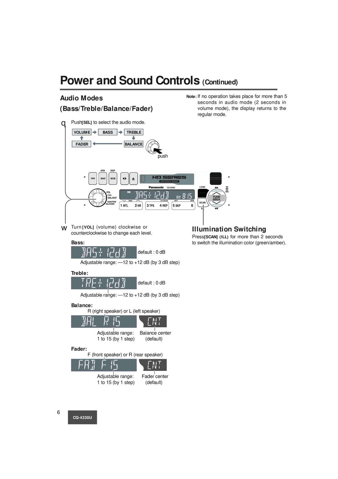 Panasonic CQ-4330U manual Illumination Switching, Bass, Treble, Balance, Fader 