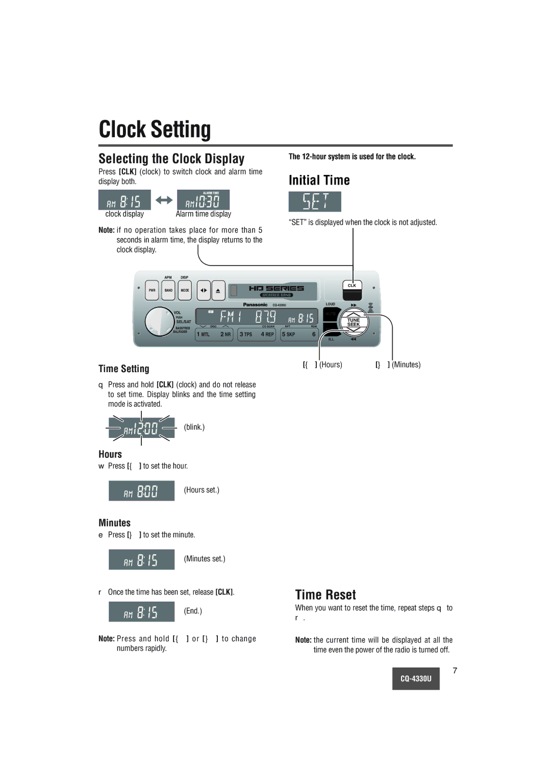 Panasonic CQ-4330U manual Clock Setting, Selecting the Clock Display, Initial Time, Time Reset 