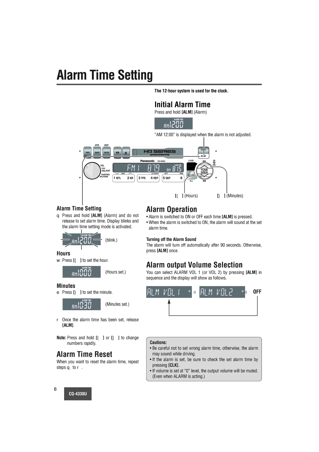 Panasonic CQ-4330U manual Alarm Time Setting, Initial Alarm Time, Alarm Operation, Alarm output Volume Selection 