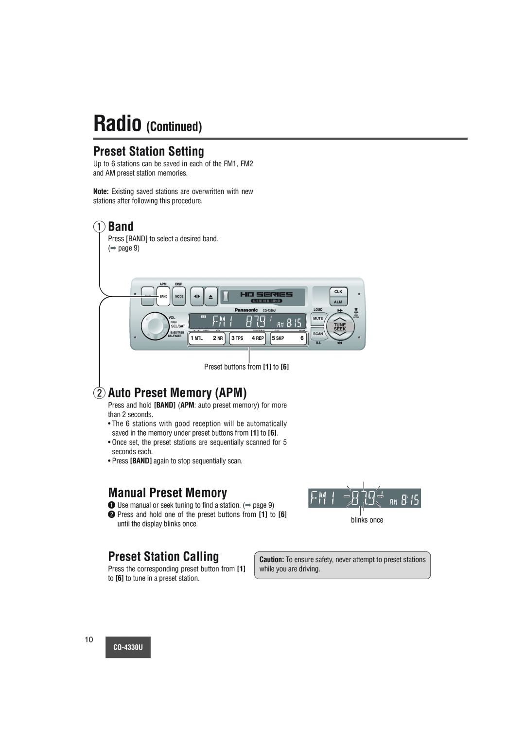 Panasonic CQ-4330U manual Radio Continued Preset Station Setting, qBand, w Auto Preset Memory APM, Manual Preset Memory 