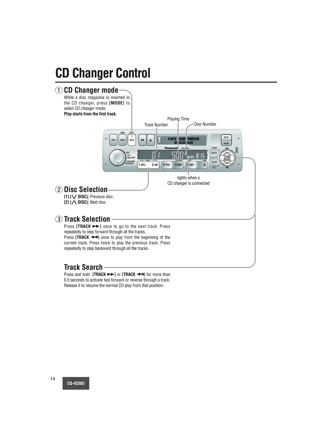 Panasonic CQ-4330U CD Changer Control, q CD Changer mode, w Disc Selection, e Track Selection, Track Search, Playing Time 
