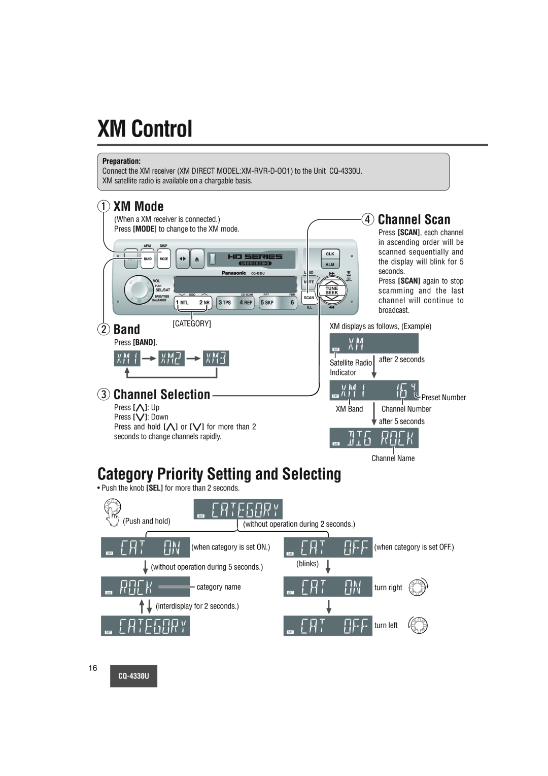 Panasonic CQ-4330U XM Control, Category Priority Setting and Selecting, q XM Mode, r Channel Scan, w Band, Preparation 