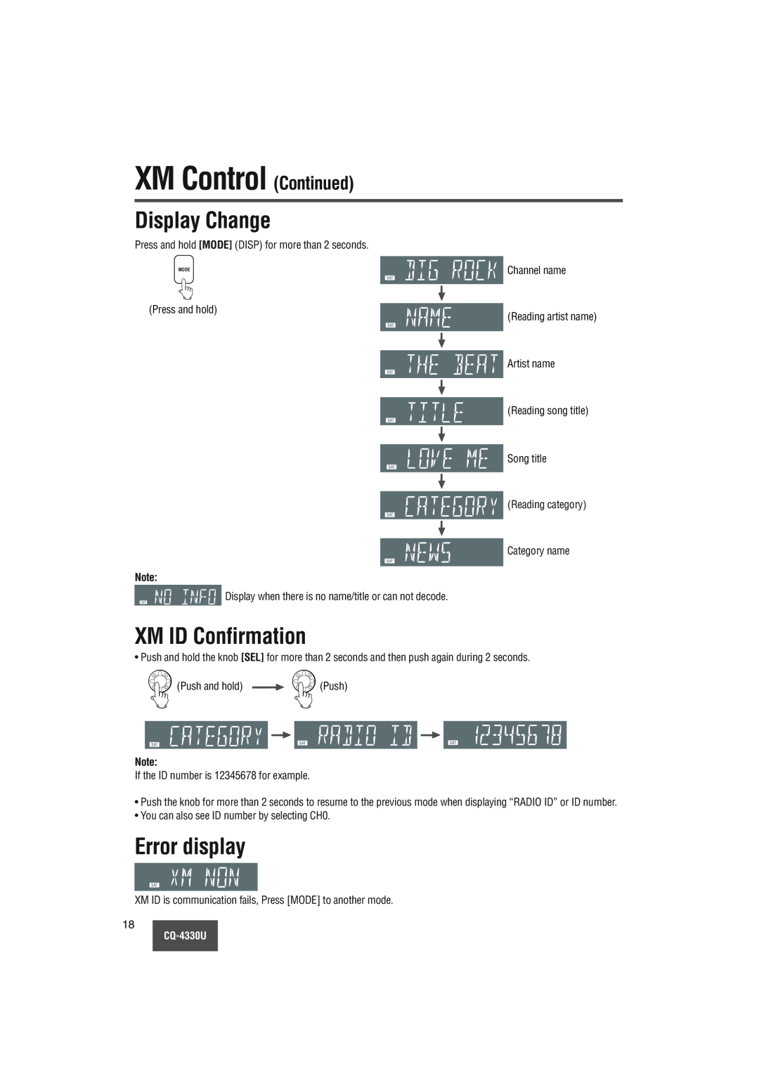Panasonic CQ-4330U manual XM Control Continued, Display Change, XM ID Confirmation, Error display 