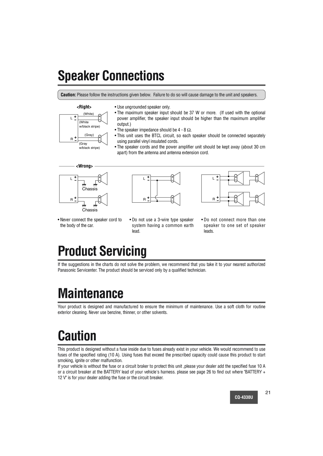 Panasonic CQ-4330U manual Speaker Connections, Product Servicing, Maintenance, Wrong, Chassis 