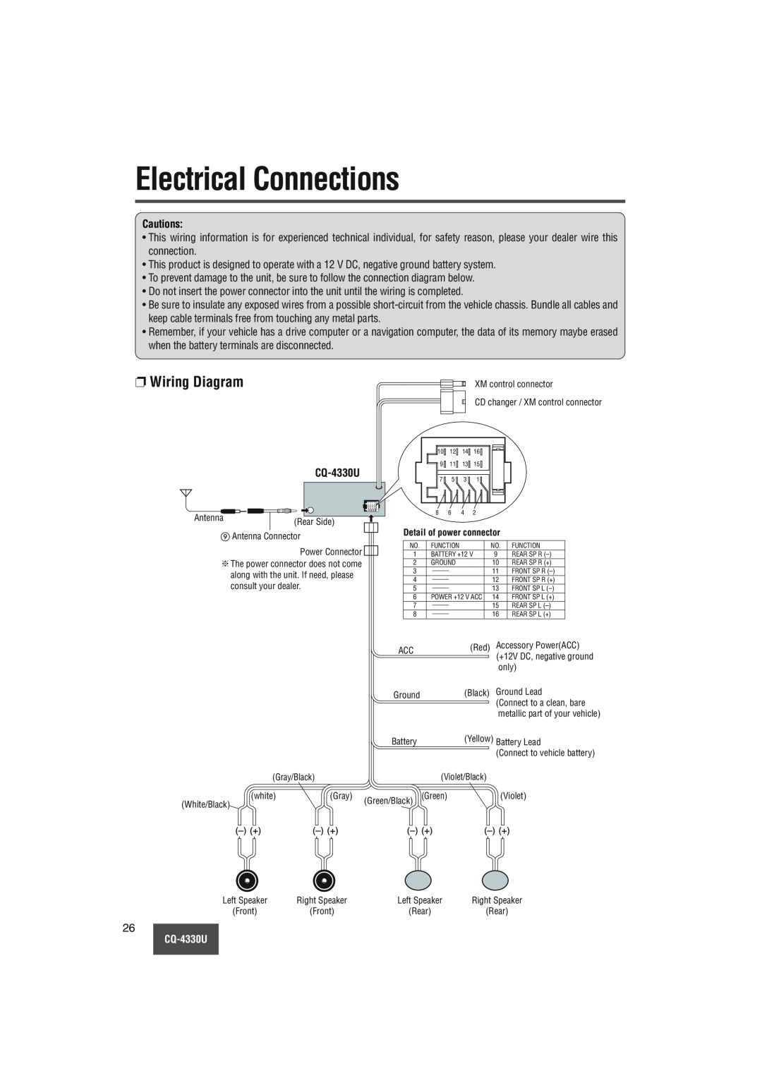 Panasonic CQ-4330U manual Electrical Connections, Wiring Diagram, Cautions 