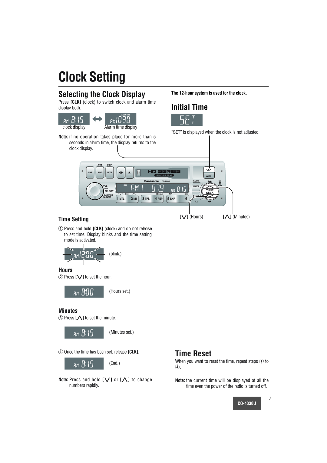 Panasonic CQ-4330U Clock Setting, Selecting the Clock Display, Initial Time, Time Reset, display both, Hours, Minutes 