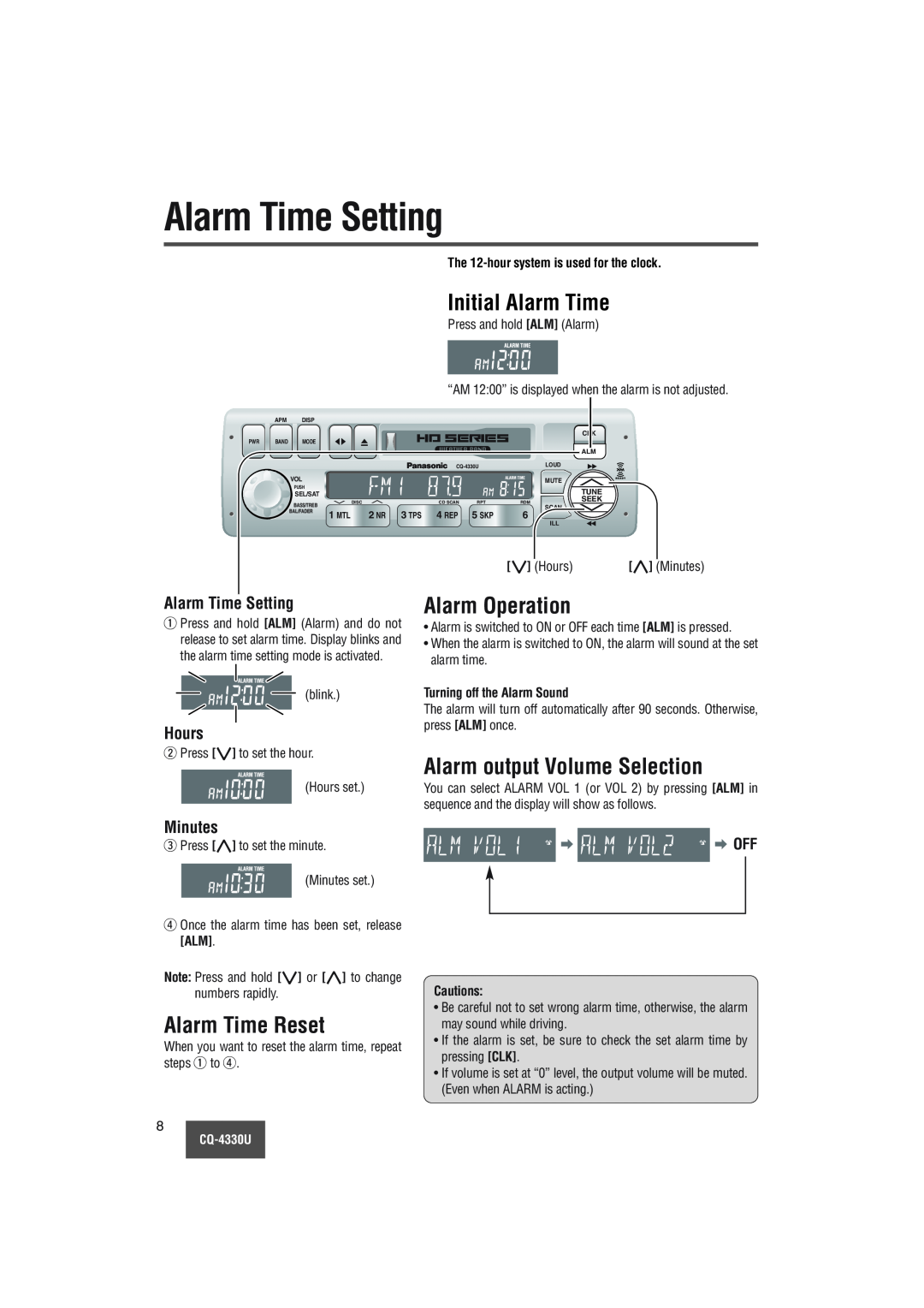 Panasonic CQ-4330U Alarm Time Setting, Initial Alarm Time, Alarm Operation, Alarm output Volume Selection, Hours, Minutes 