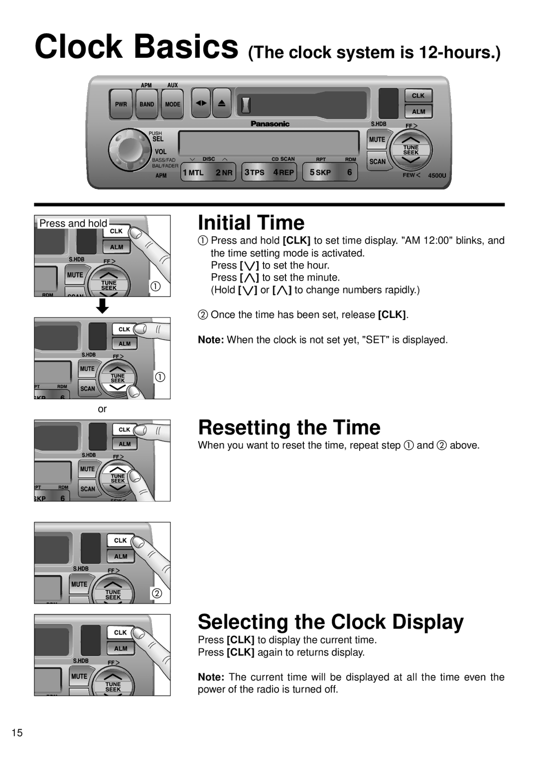 Panasonic CQ-4300U, CQ-4500U operating instructions Initial Time, Resetting the Time, Selecting the Clock Display 