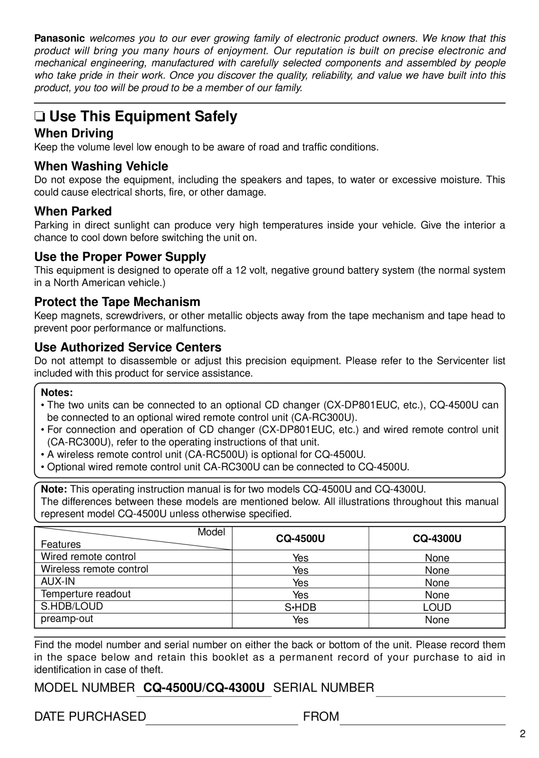 Panasonic CQ-4500U, CQ-4300U operating instructions Use This Equipment Safely 